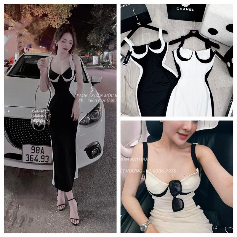 Đầm body hai giây sẻ sau phối màu xịn d1972