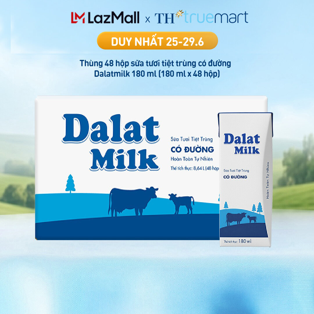 Thùng 48 hộp sữa tươi tiệt trùng  Dalatmilk có đường 180 ml (180 ml x 48)