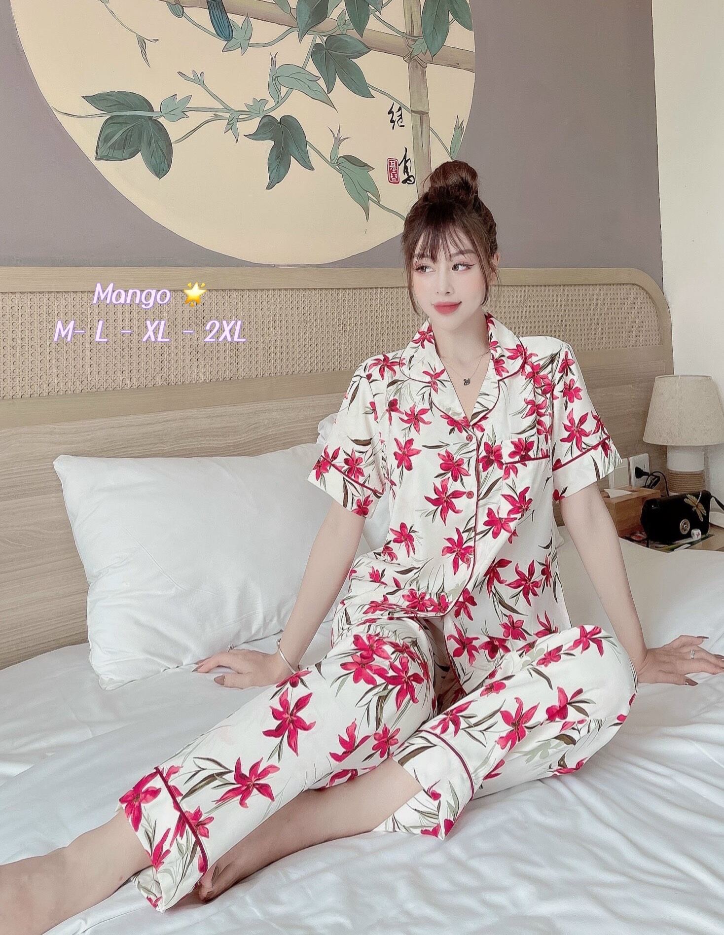Đồ Bộ Pijama Lụa Mango Cao Cấp  Quần Dài Tay Cộc Hàng Có Size