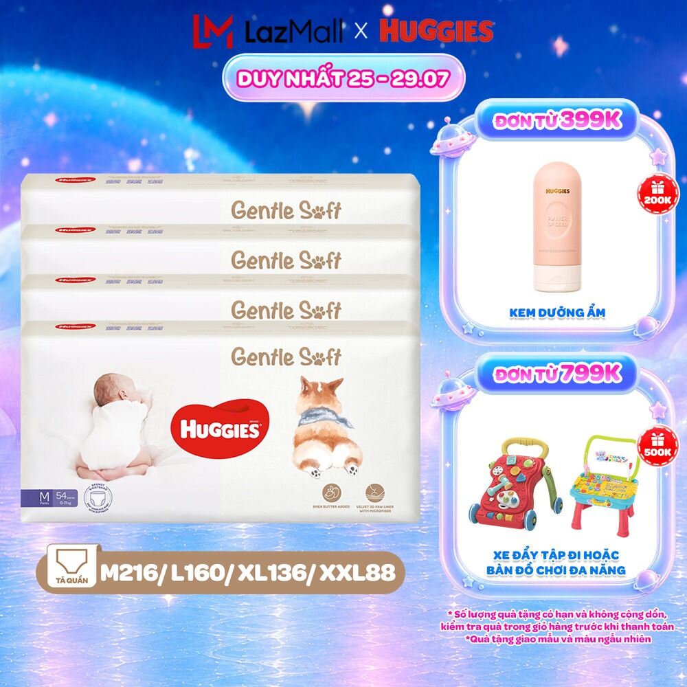 Combo 4 Tã quần Huggies Gentle Soft - Corgi M54/L40/XL34/XXL22 miếng êm mềm nâng niu làn da bé
