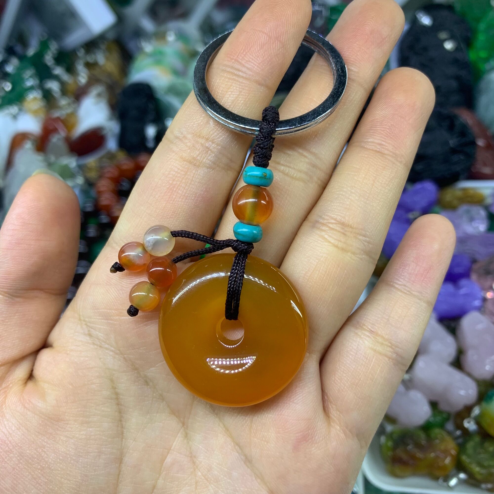 Móc khoá đồng điếu, đồng tiền may mắn đá mã não