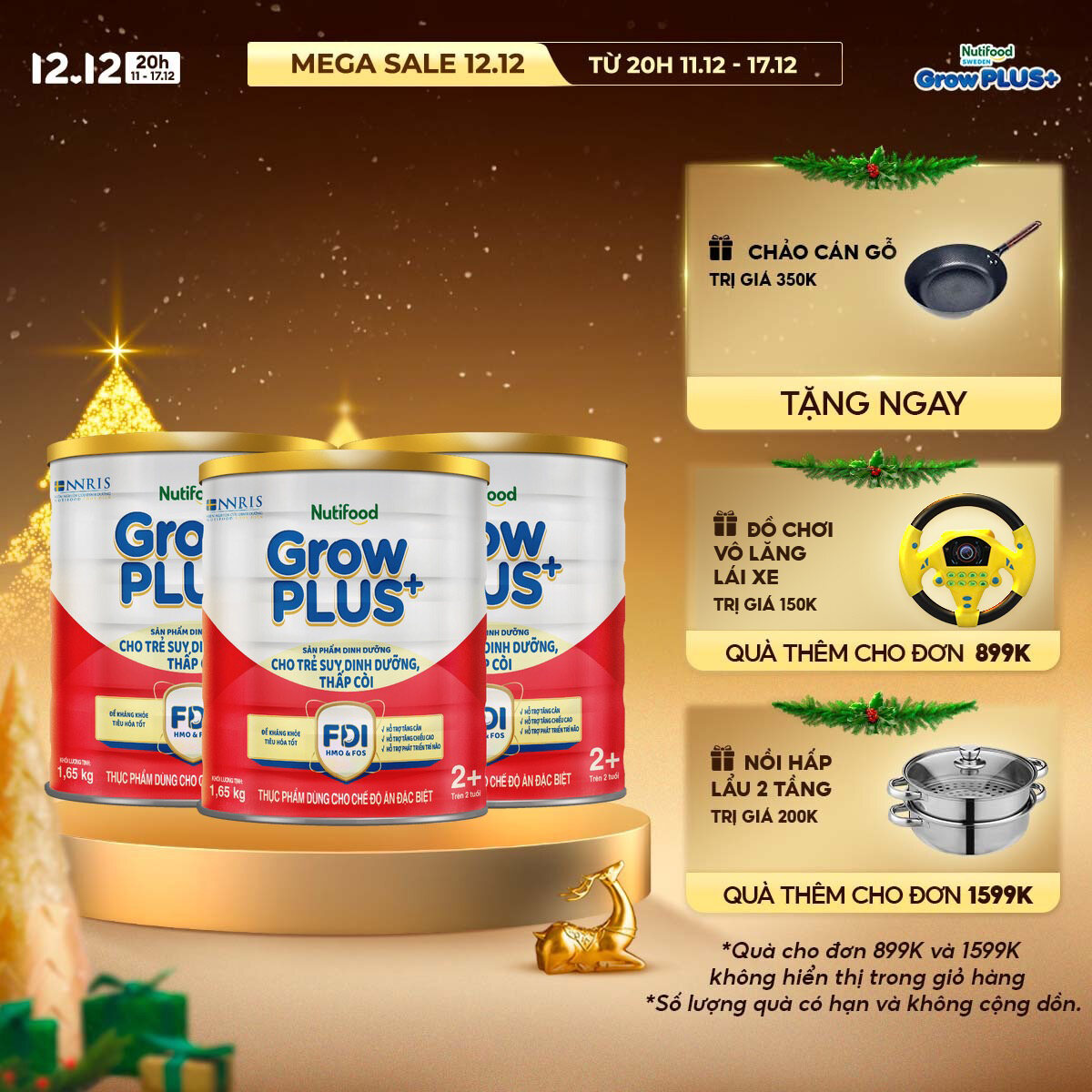 Combo 3 Sữa bột Nutifood GrowPLUS+ Suy Dinh Dưỡng (Đỏ) 2+ - Tăng Cân, Tăng Chiều Cao (3 Lon 1,65 Kg)