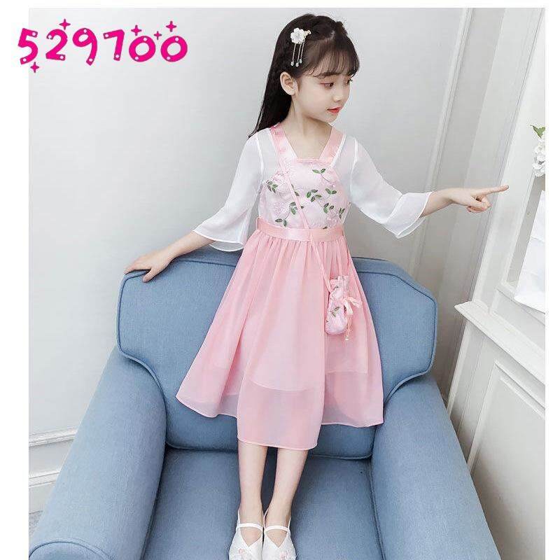Hán phục trang phục thời đường bé gái váy liền váy nhu dài tay 10 tuổi bé gái phong cách trung quốc siêu tiên nữ cổ trang mùa hè cho nữ hán phục trẻ em