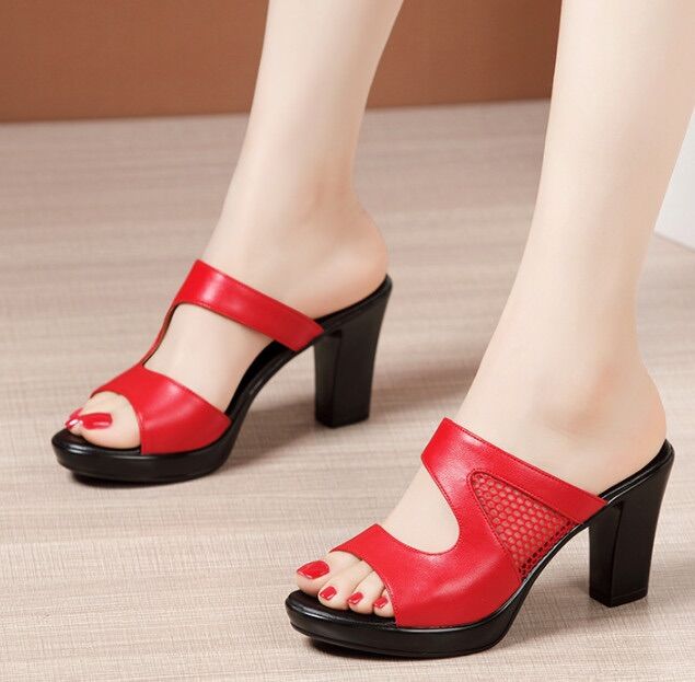 Dép cao gót khoét eo phối lưới 1 bên @)8999