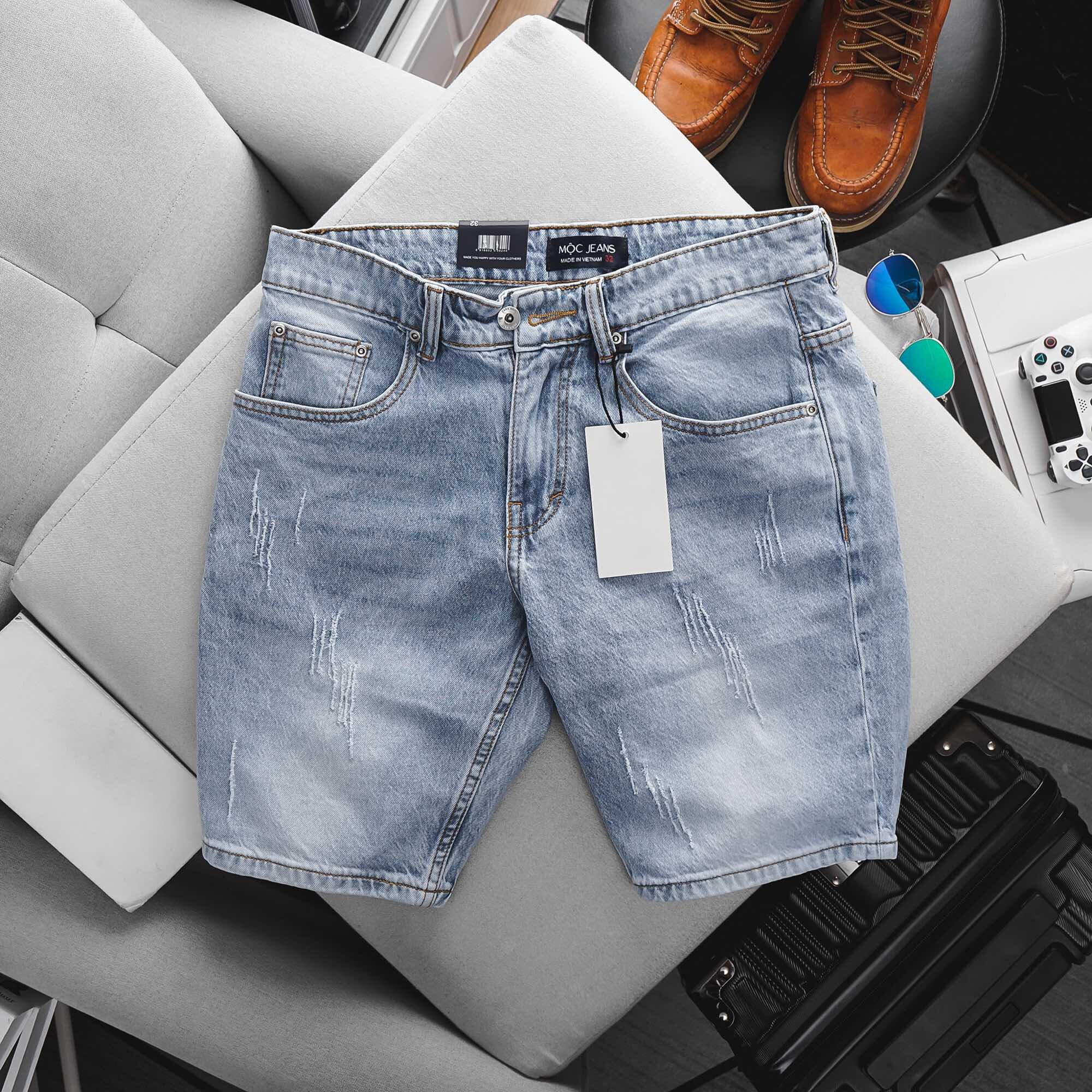 Quần Short Jean Nam màu sáng jean gân siêu đẹp nhấn túi xéo jean cao cấp jean thun dáng ôm vừa