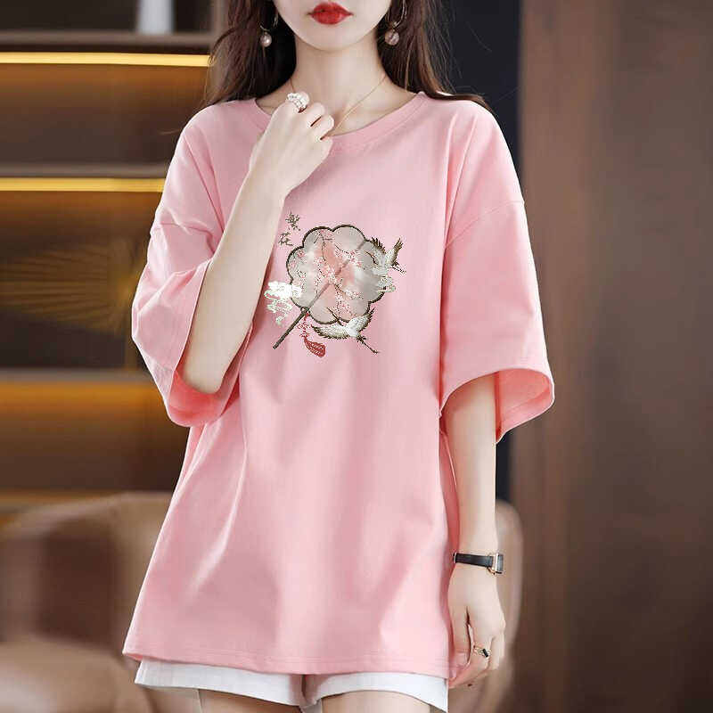 Áo Thun Nữ Tay Ngắn Phong Cách Trung Quốc, Áo Thun in Họa Tiết Mùa Hè, Cổ Tròn, Dài Vừa Phải, Thường Ngày, Tay Ngắn, Trung Tính