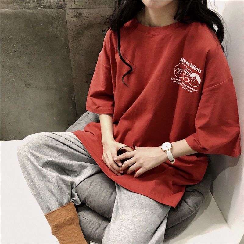 Áo thun tay lỡ mặt người three cotton