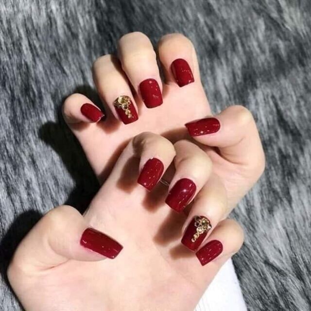 Bộ 24 Móng Tay Màu Đỏ Đính Đá Nổi DD2 Kèm Keo