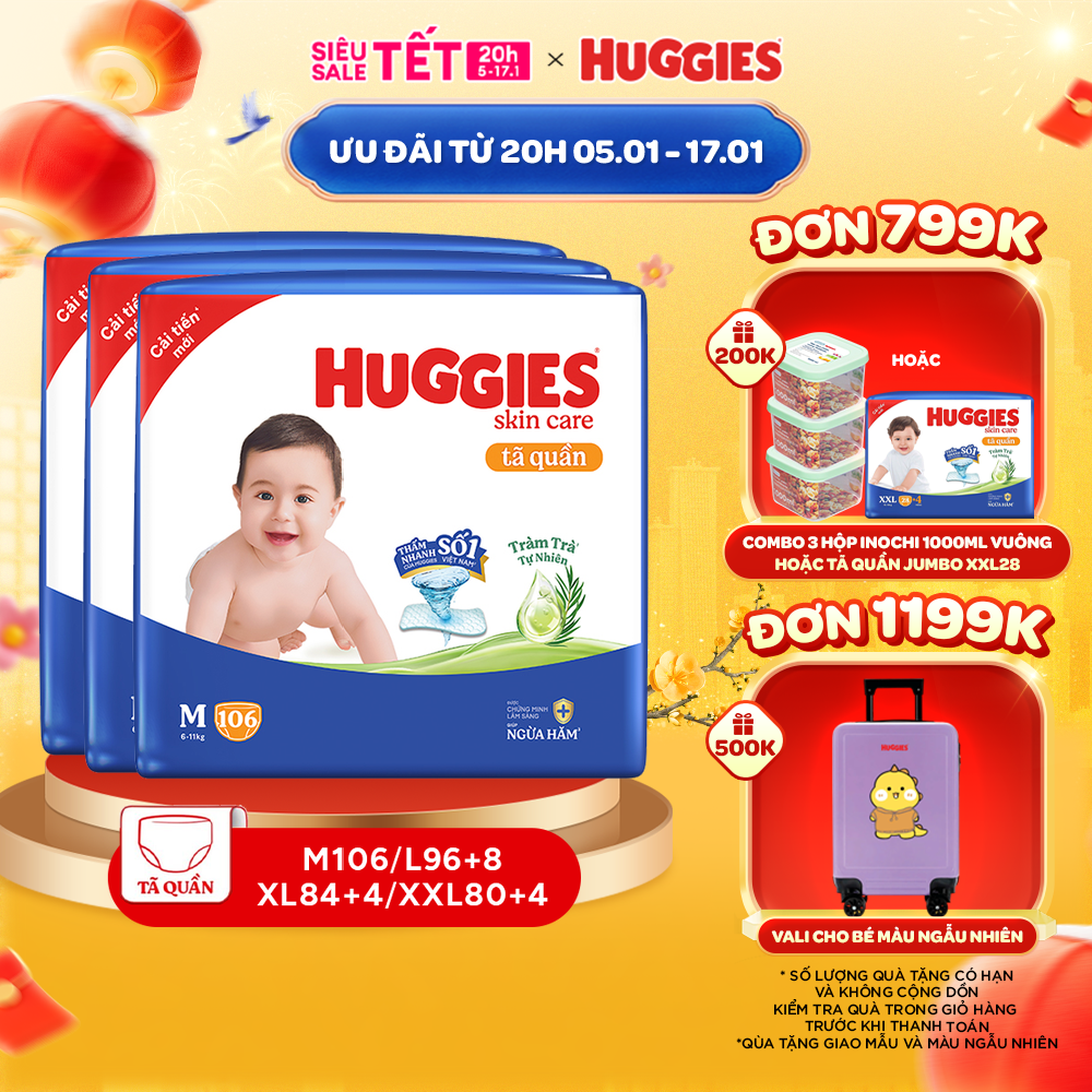 Combo 3 gói Tã quần Huggies Skincare Mega Jumbo M106/L96/XL84/XXL76 với tràm trà dịu da