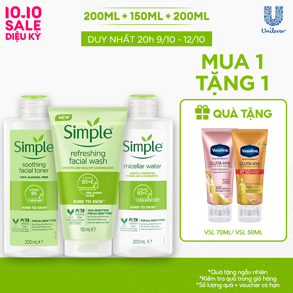 [VC 15% tối đa 70K đơn 399K] Combo Simple Tẩy trang Micellar 200ml + Sữa rửa mặt 150ml + Nước hoa hồng Toner 200ml cho da sạch khỏe đàn hồi [CHÍNH HÃNG ĐỘC QUYỀN]
