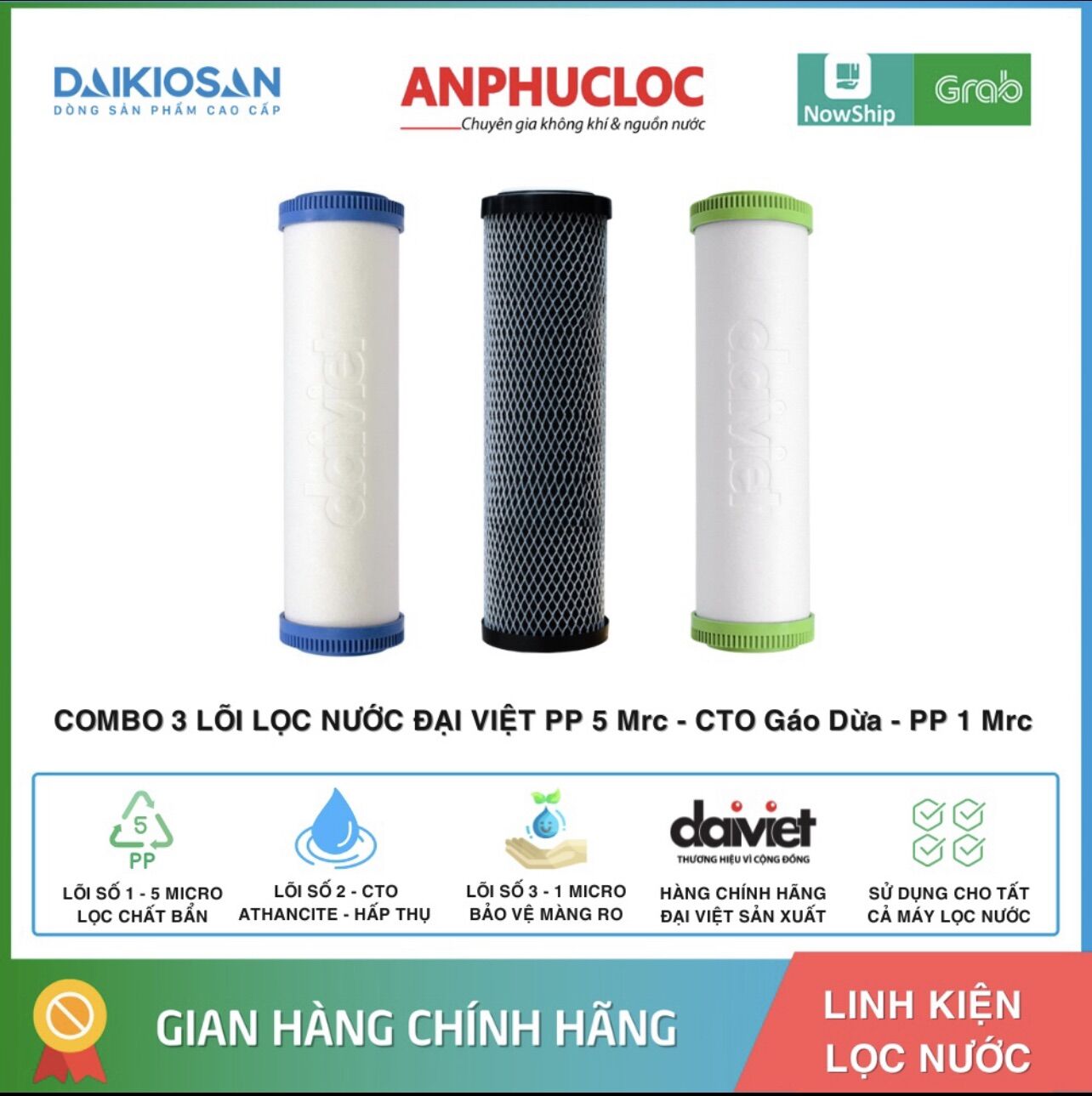 Combo 3 lõi lọc nước đại việt daikiosan pp-cto-pp loại 1 cto gáo dừa chính hãng