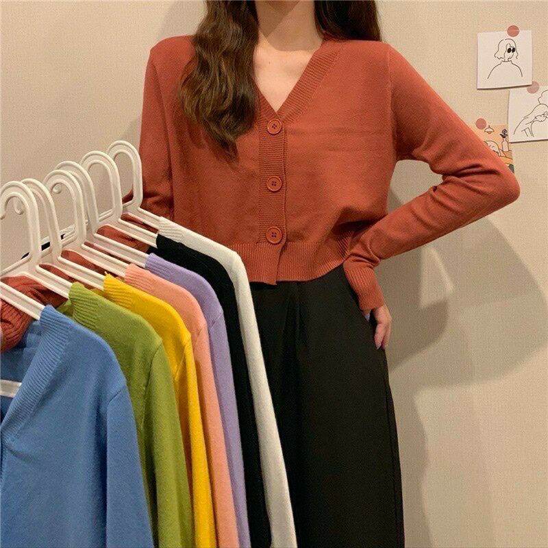 Áo khoác cardigan thun len croptop tay dài dáng ôm body cổ tim chất len tăm phong cách Ulzzang nhiều màu