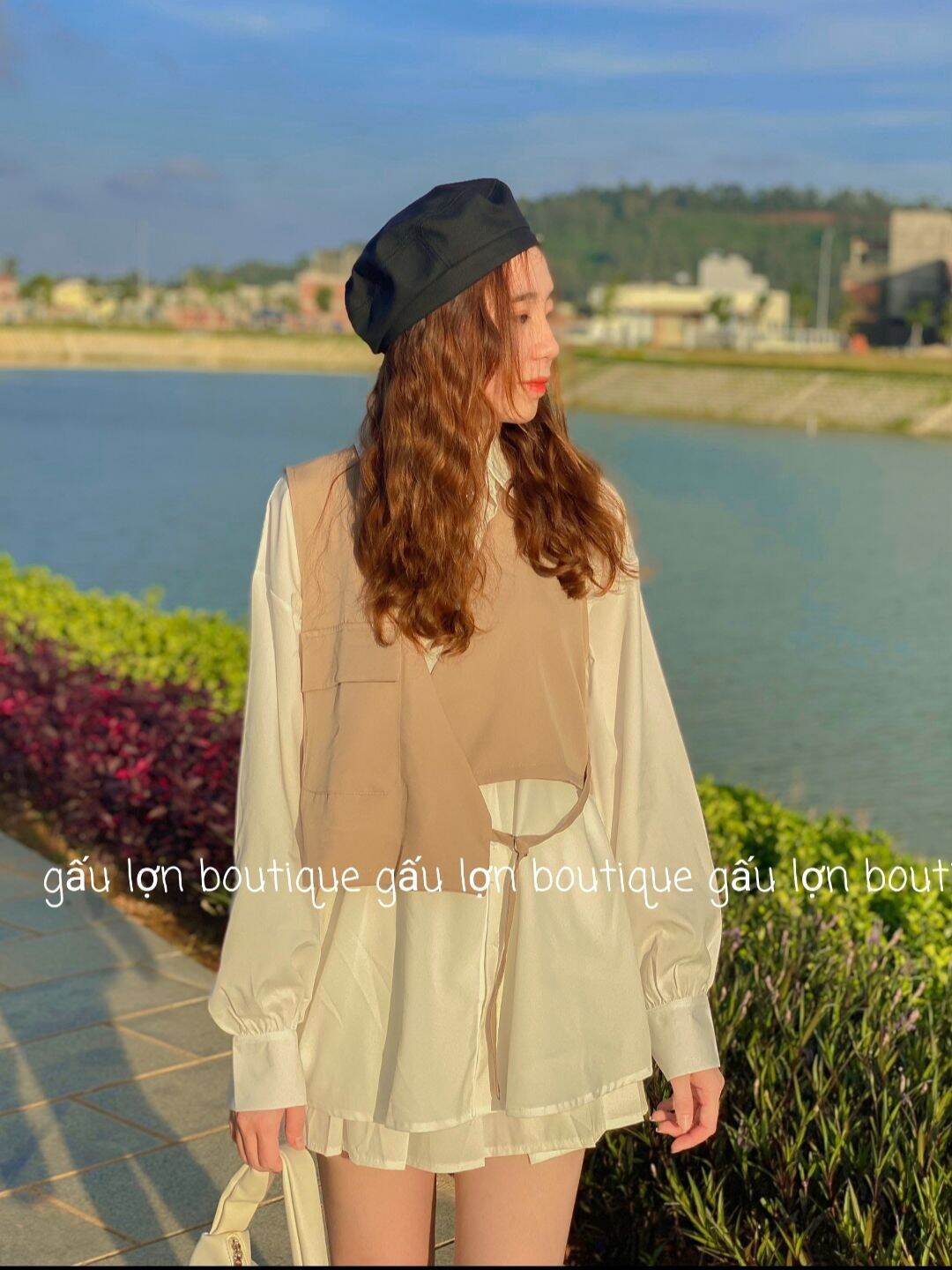 set áo sơ mi trắng kèm áo gile form rộng