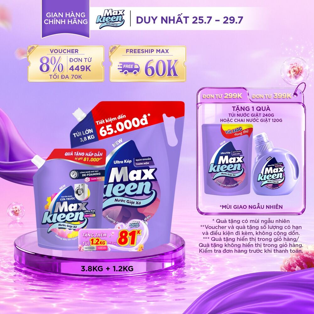 [Tặng kèm nước giặt xả 1kg2 ngẫu nhiên] Nước giặt xả cho máy giặt MaxKleen hương Hoa nắng/ Huyền diệu/ Dấu ấn Ngọt Ngào 3.8kg