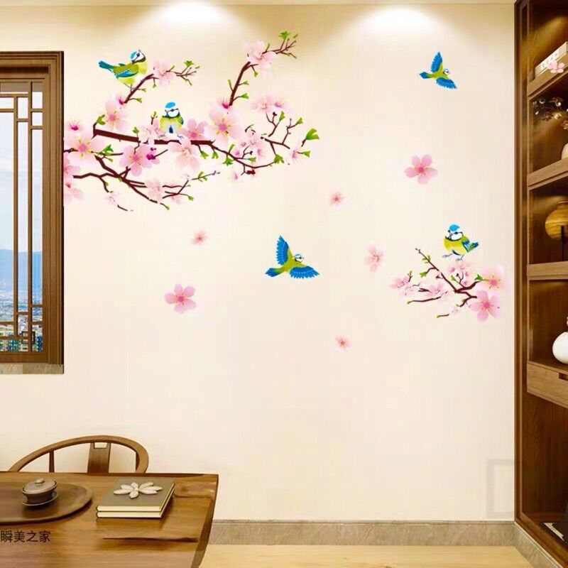Decal dán tường cô gái xe đạp và hoa đào