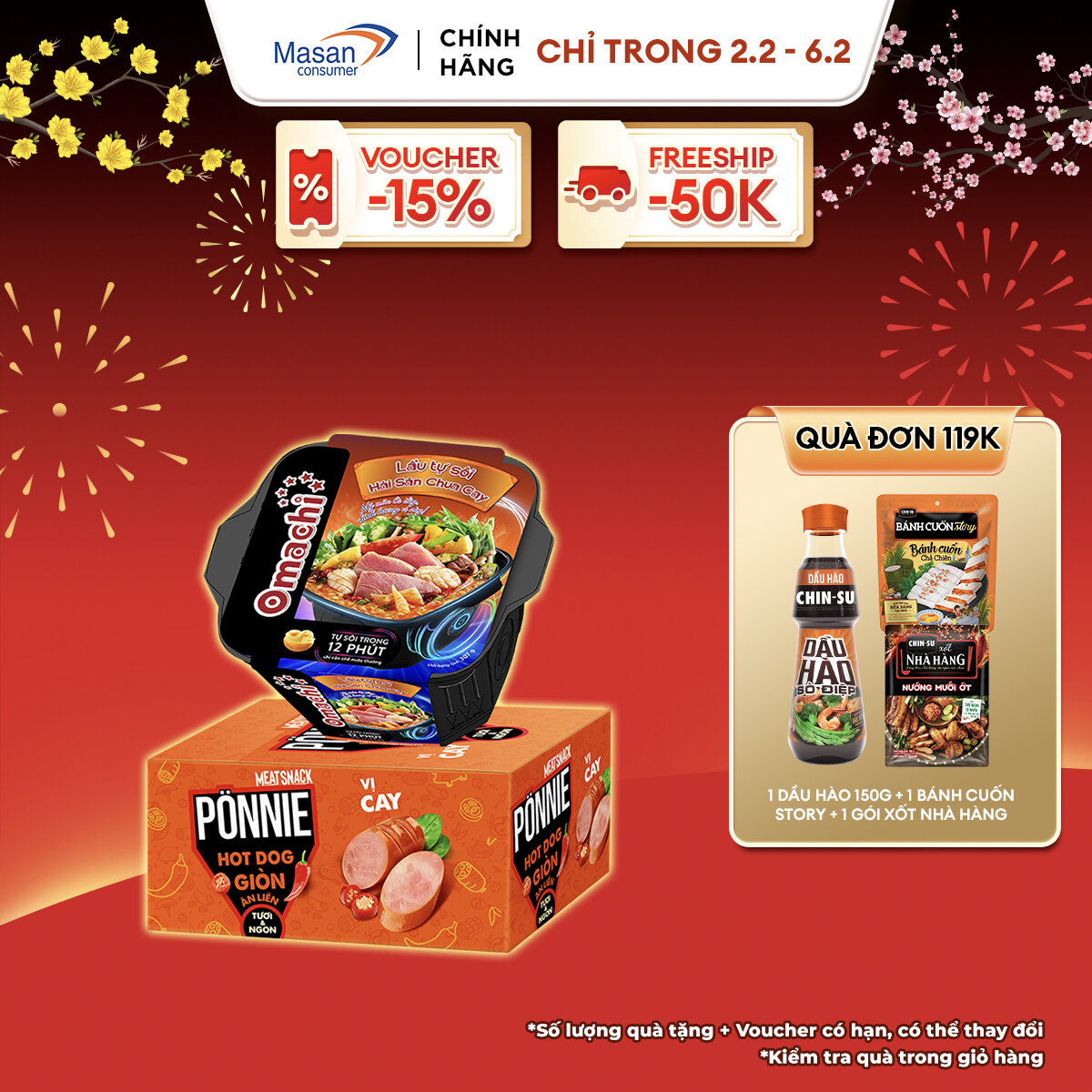  Combo 1 Omachi Lẩu Tự Sôi Hải Sản Chua Cay 307g + 1 Hộp Ponnie Hot Dog Giòn Ăn Liền Vị Cay 
