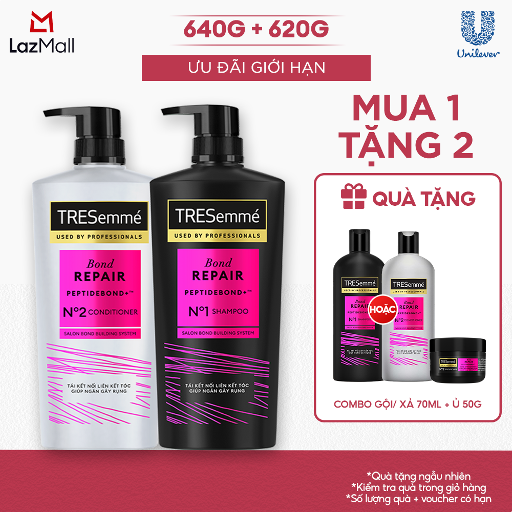 Combo Dầu Gội, Dầu Xả TRESemmé Bond Repair Peptidebond+ 640g, 620g Cho Tóc Hư Tổn Do Tạo Kiểu Giúp Ngăn Gãy Rụng