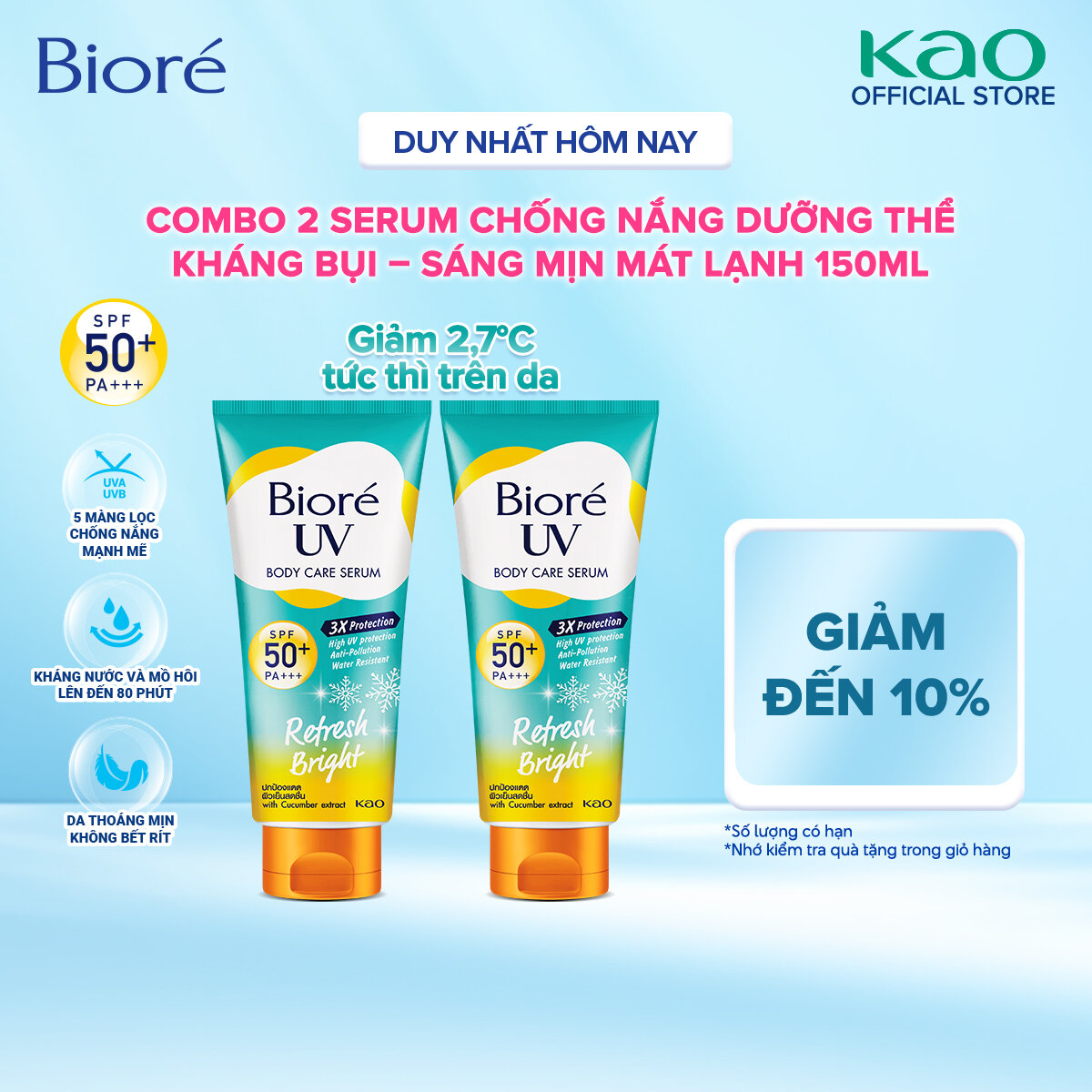 [Tặng Tẩy trang 90ml] Combo 2 Serum Chống Nắng Dưỡng Thể Kháng Bụi - Sáng Mịn Mát Lạnh Biore 150ml