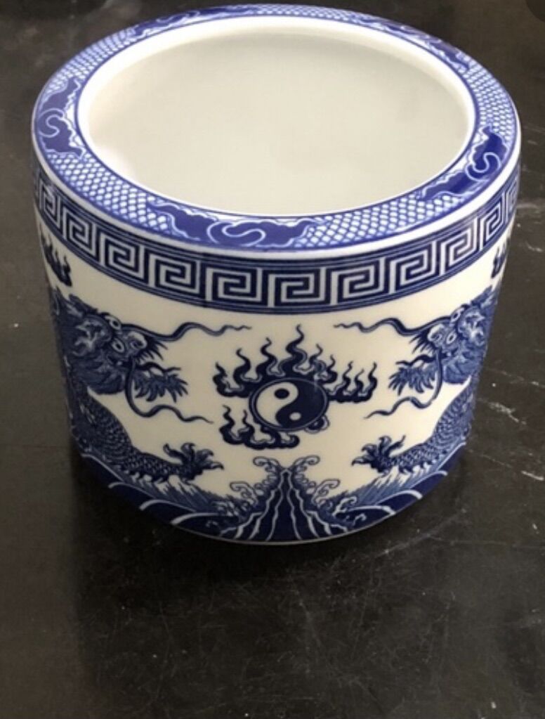 Lư hương ống tròn xanh lam hình rồng miệng 16cm