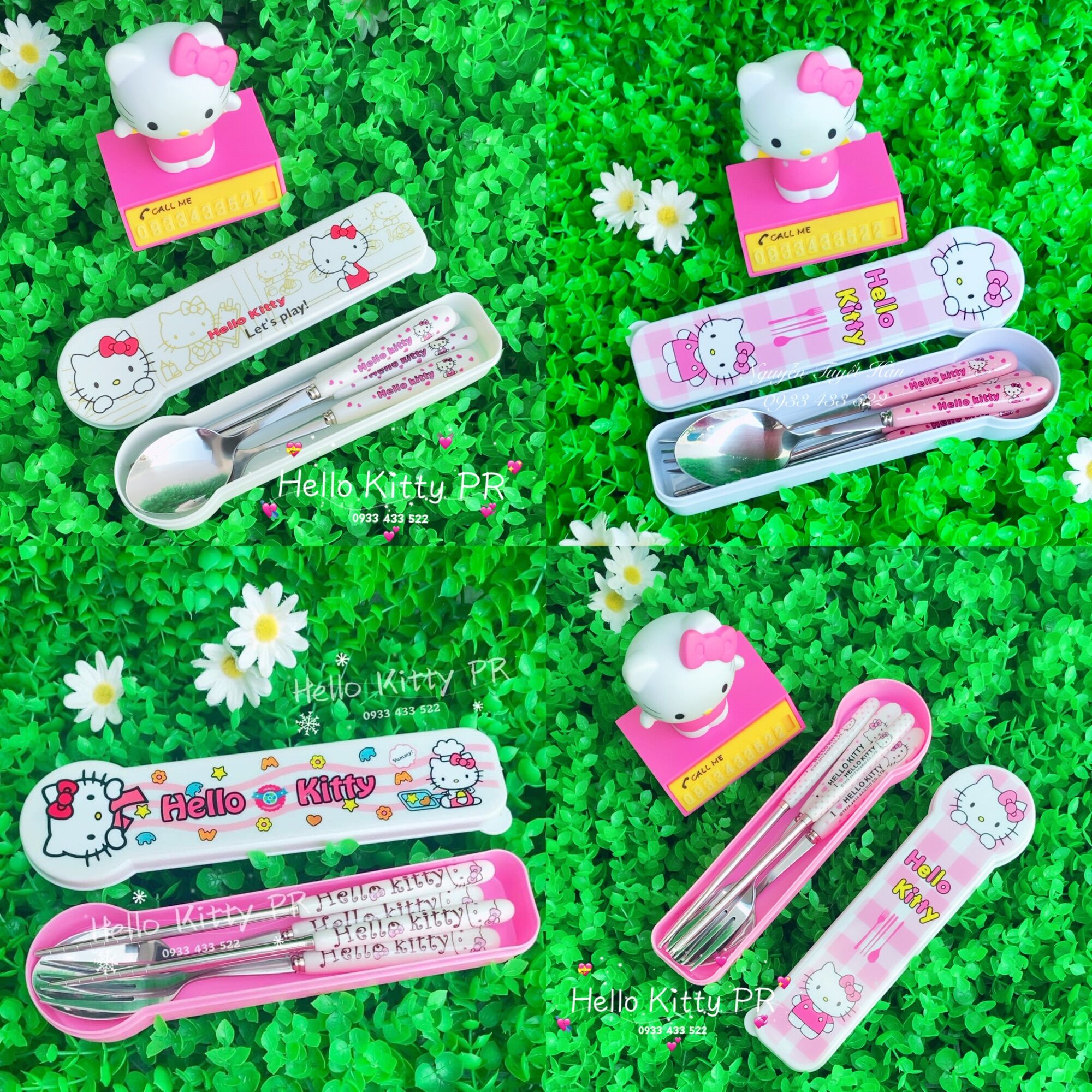 Bộ hộp đũa muỗng nĩa inox cán sứ Hello Kitty
