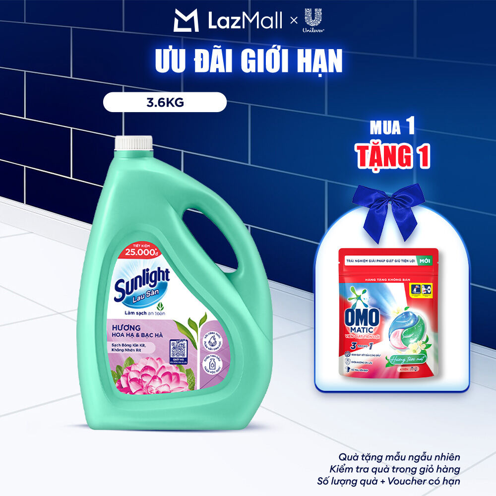  Nước lau sàn Sunlight Hoa Hạ & Bạc Hà Chai 3.6kg | Tinh dầu Thảo mộc 100% | Hương thơm tươi mát 