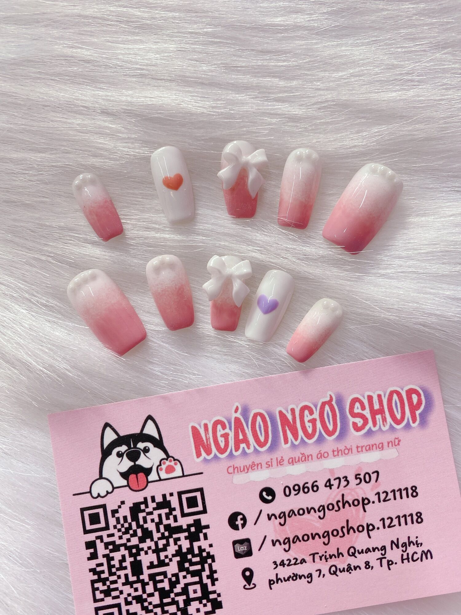 Nail box ombre hồng đính charm nơ
