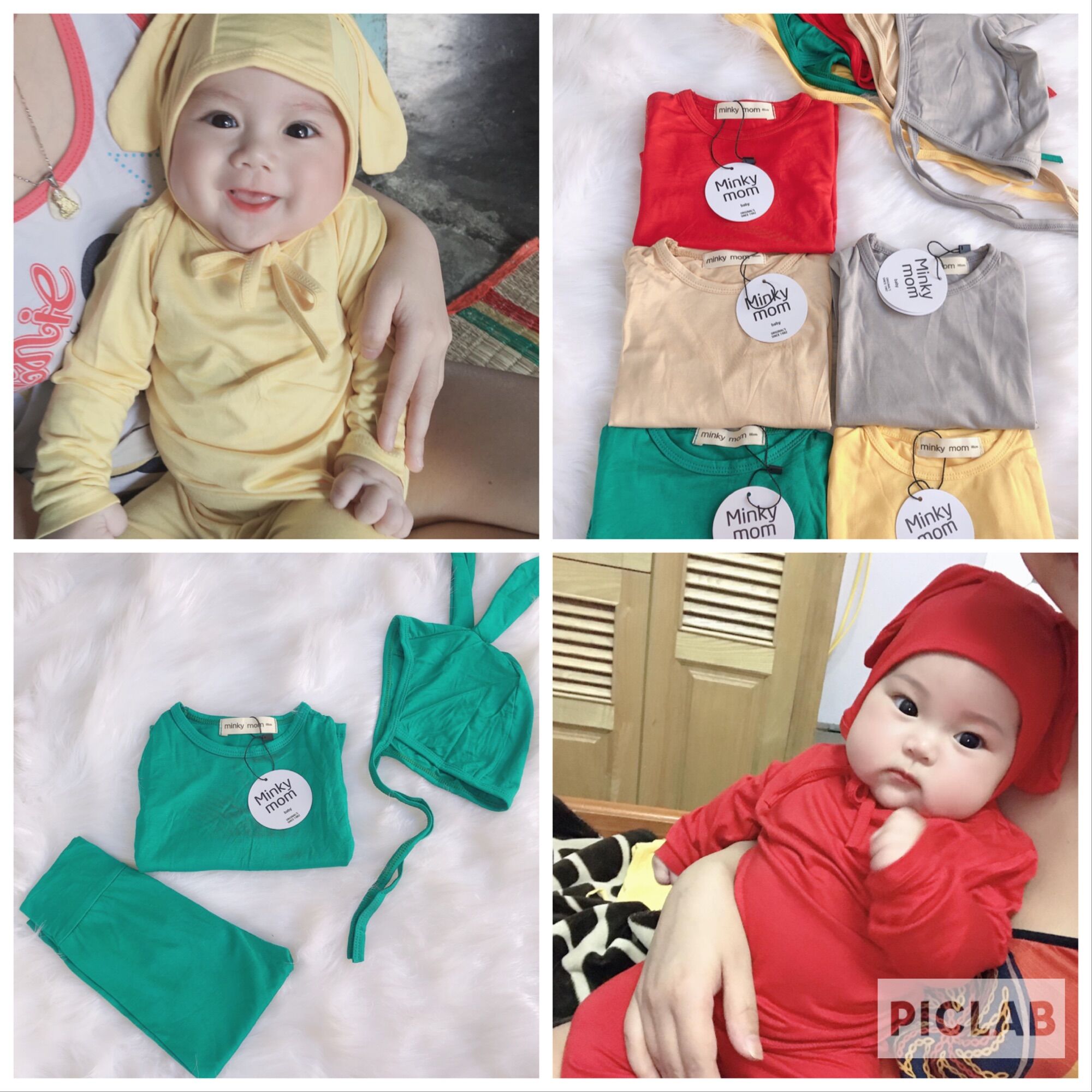 Set bộ minky mom tai thỏ thun lạnh kèm nón cho bé trai và bé gái