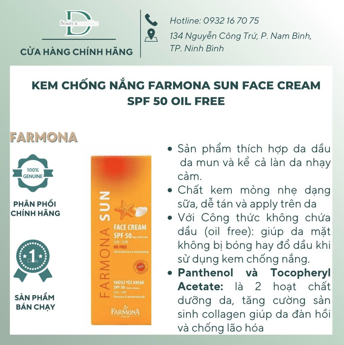 Kem chống nắng  Farmona Sun Face Cream SPF 50 Oil Free dành cho da mụn 50ml
