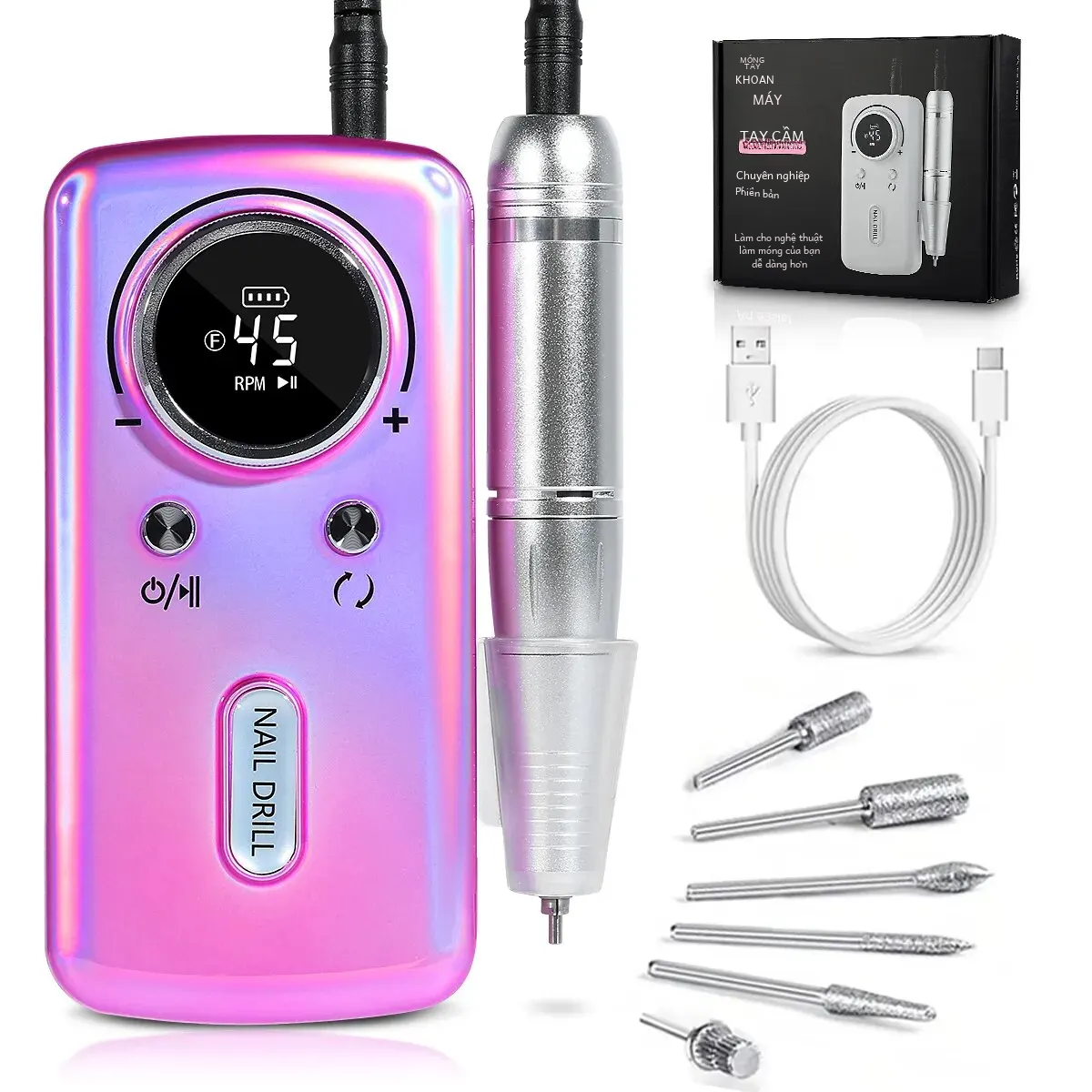 45000 vòng/phút điện nail khoan máy có màn hình lcd hiển thị sạc dũa móng tay gel sơn móng tay nhám tiếng ồn thấp cho móng tay