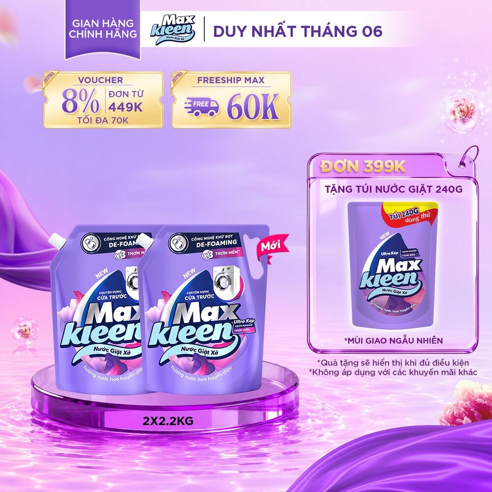 Combo 2 Nước giặt xả cho máy giặt cửa trước MaxKleen hương Huyền Diệu 2.2kg
