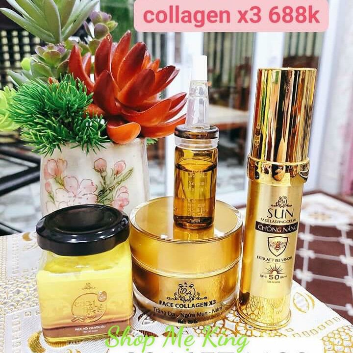 Combo 4sp kem face collagen x3 + serum nám x3 + cao nghệ x3 + chống nắng x3