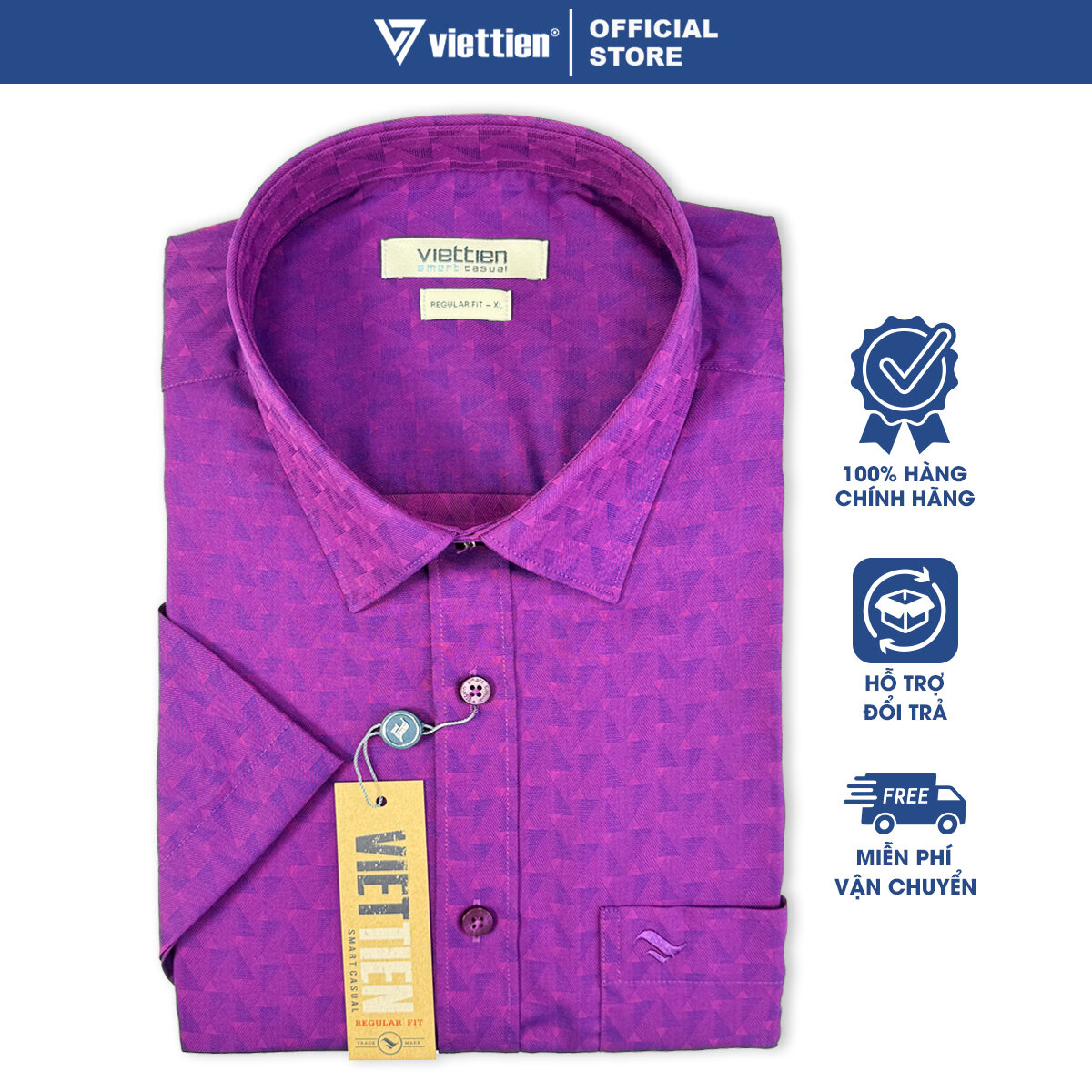 VIỆT TIẾN SALE - Áo Sơ Mi Viettien Smart Casual Tay Ngắn, Màu Hoa Văn Đỏ Tía, Form Regular Fit, Lai Ngang, Quà Tặng Nam