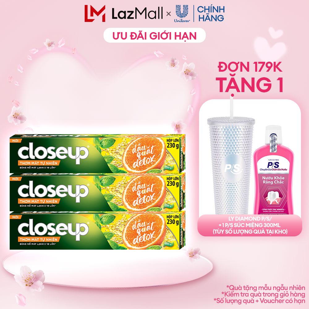 Combo 3 Kem đánh răng dạng gel sạch khuẩn Closeup Thơm Mát Tự Nhiên Dầu Quất, Thảo Dược 230g