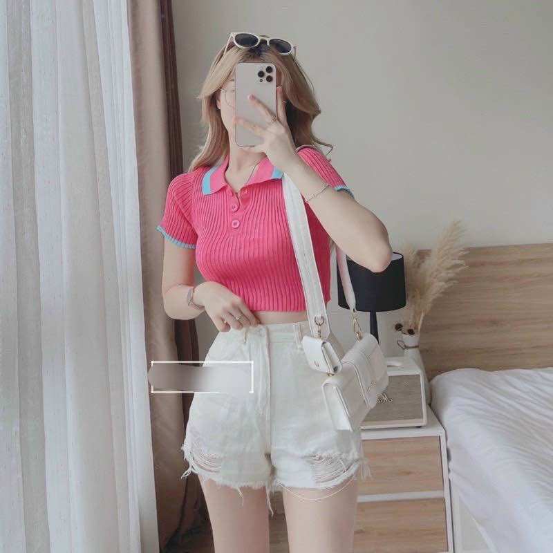Áo thun gân tay ngắn viền sọc màu cổ croptop MC