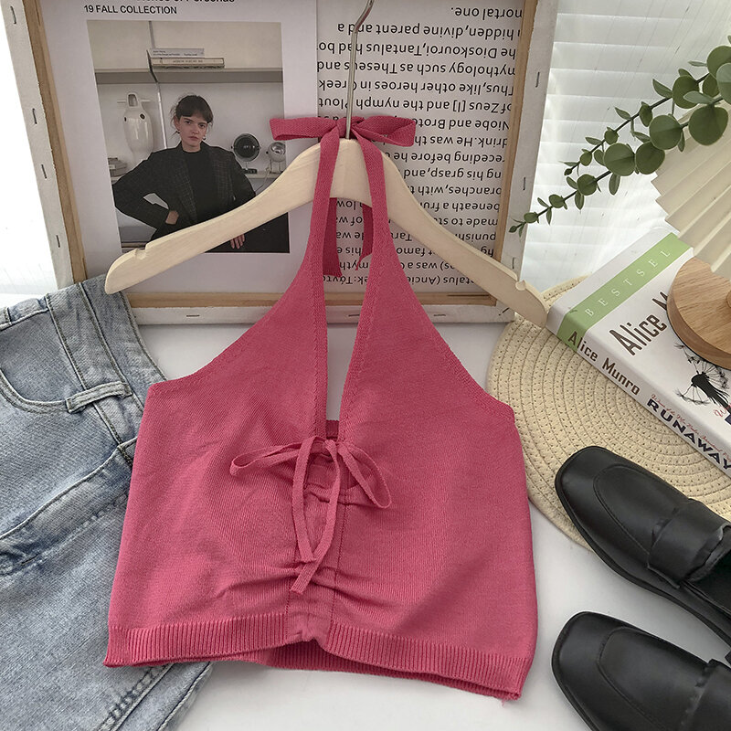 Áo Ba Lỗ Dệt Kim Không Tay Mẫu Ngắn Màu Trơn Thắt Dây Rút Buộc Cổ Áo Hai Dây Scheming Tôn Dáng Gầy Khí Chất Phong Cách Hàn Quốc Mùa Hè Cho Nữ