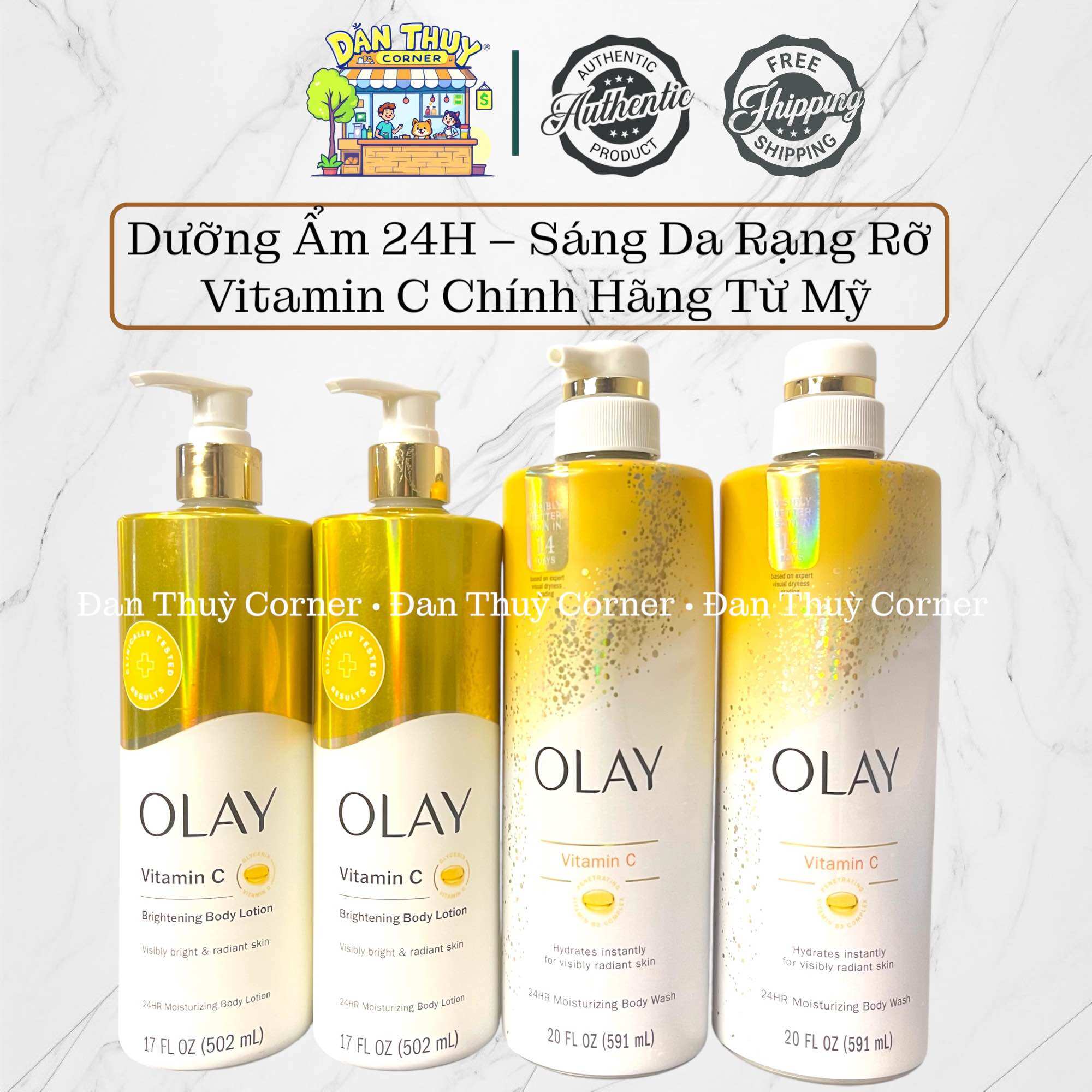  Sữa Tắm 591ml & Lotion Dưỡng Thể 502ml Olay Vitamin C m - Dưỡng Ẩm Sáng Da Giảm Thâm Sạm Chính Hãng Mỹ 