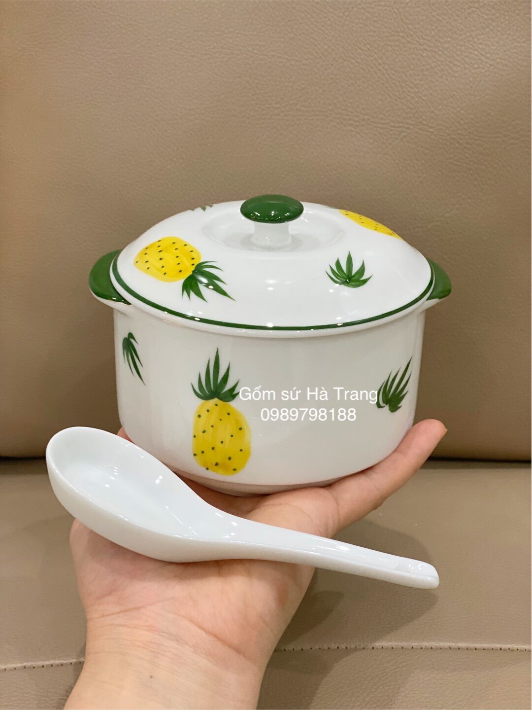 Thố chưng yến gốm sứ Bát Tràng cao cấp men trắng họa tiết dứa dung tích 600ml