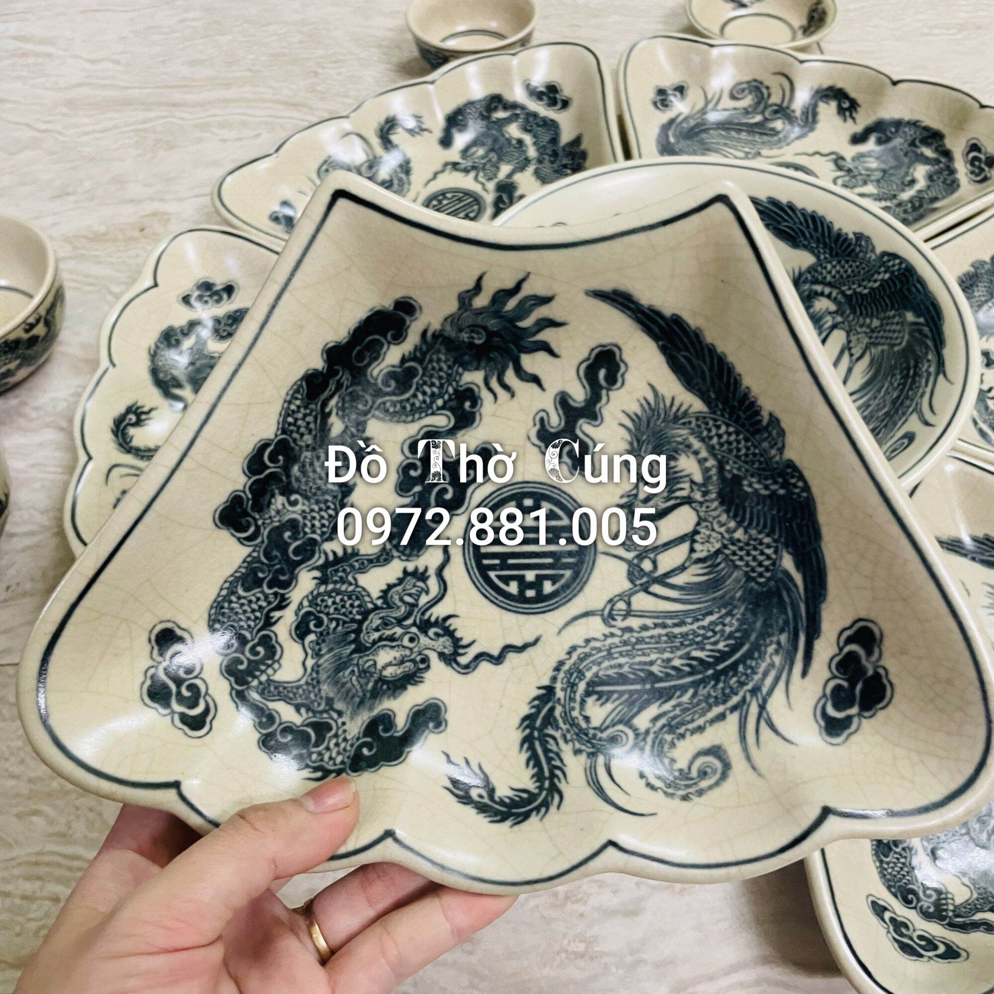 Bộ bát đĩa bày cơm cúng hoa mặt trời men rạn Đen