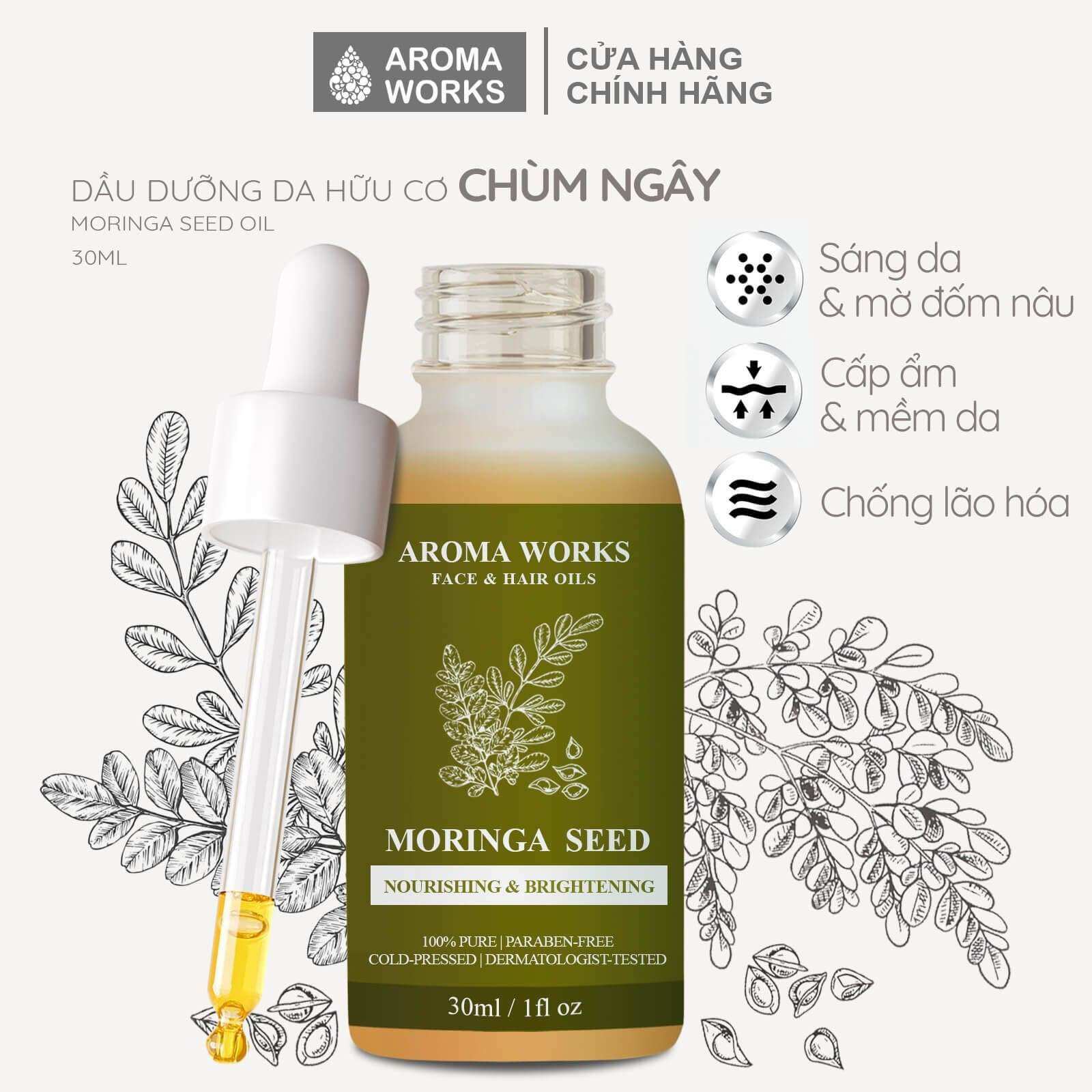 Dầu hạt chùm ngây aroma works moringa seed face & hair oil cấp ẩm, sáng da, mờ nám, xóa mờ nếp nhăn