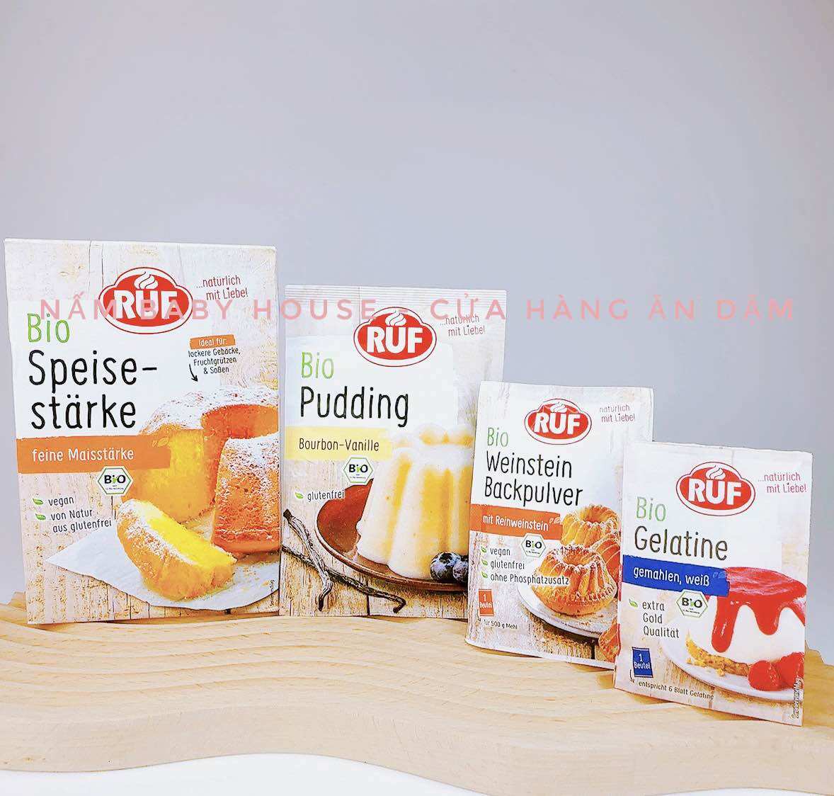 Date 2026 Tinh bột bắp hữu cơ, bột pudding, bột agar, Gelatin, bột nở , men nở RUF