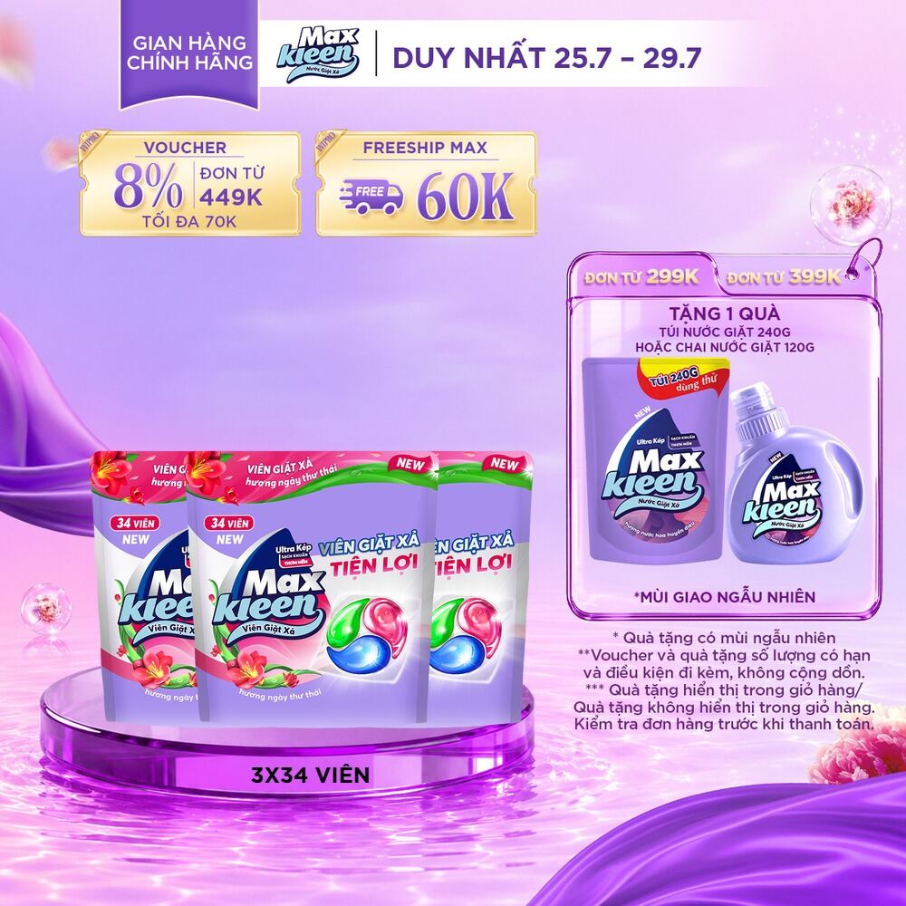 Combo 3 Túi viên giặt xả MaxKleen hương ngày thư thái (34 viên/túi)