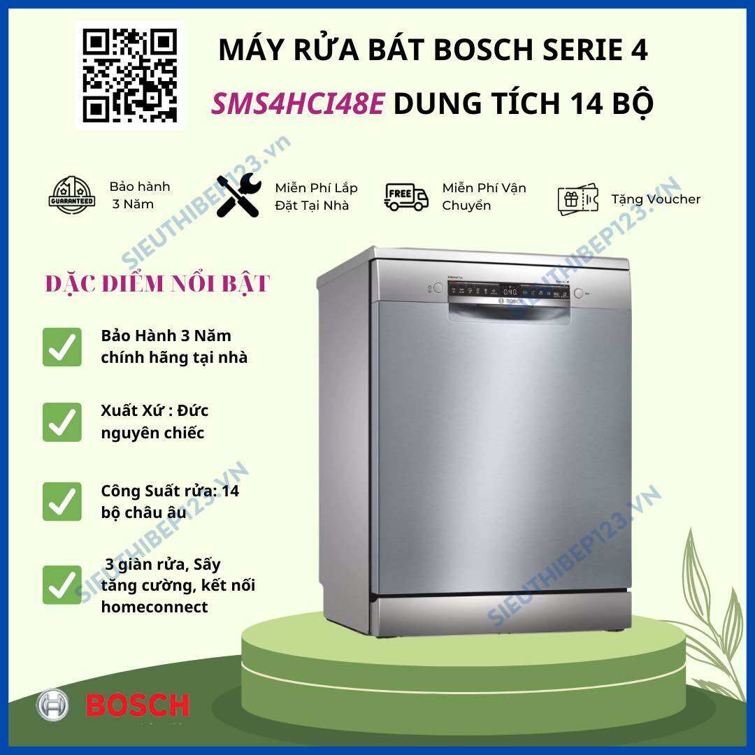Máy rửa chén bát độc lập 14 bộ bosch sms4hci48e series 4, home connect, nhập khẩu đức, bảo hành 3 năm chính hãng