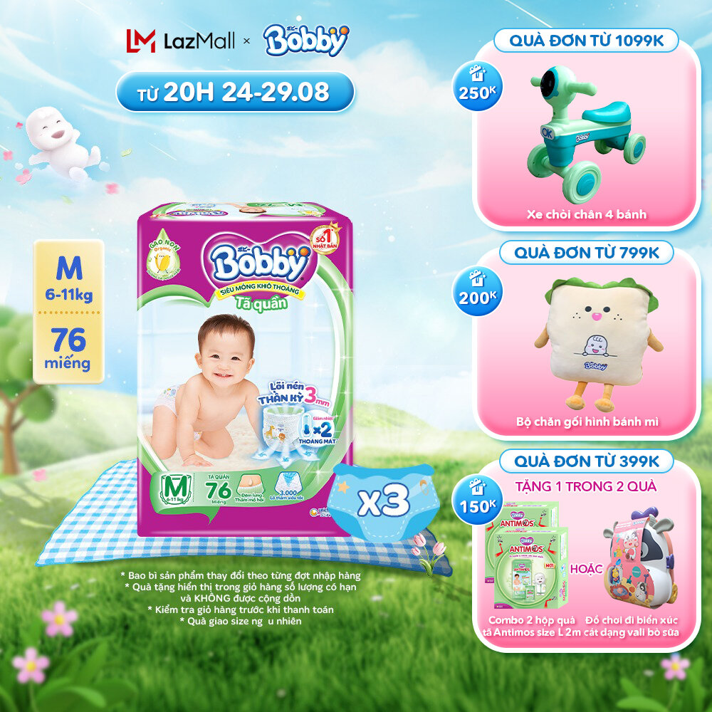 Combo 3 gói Tã quần Bobby Lõi nén thần kỳ 3mm - M76/L68/XL62/XXL56 [Bao bì thay đổi theo từng đợt nhập hàng]