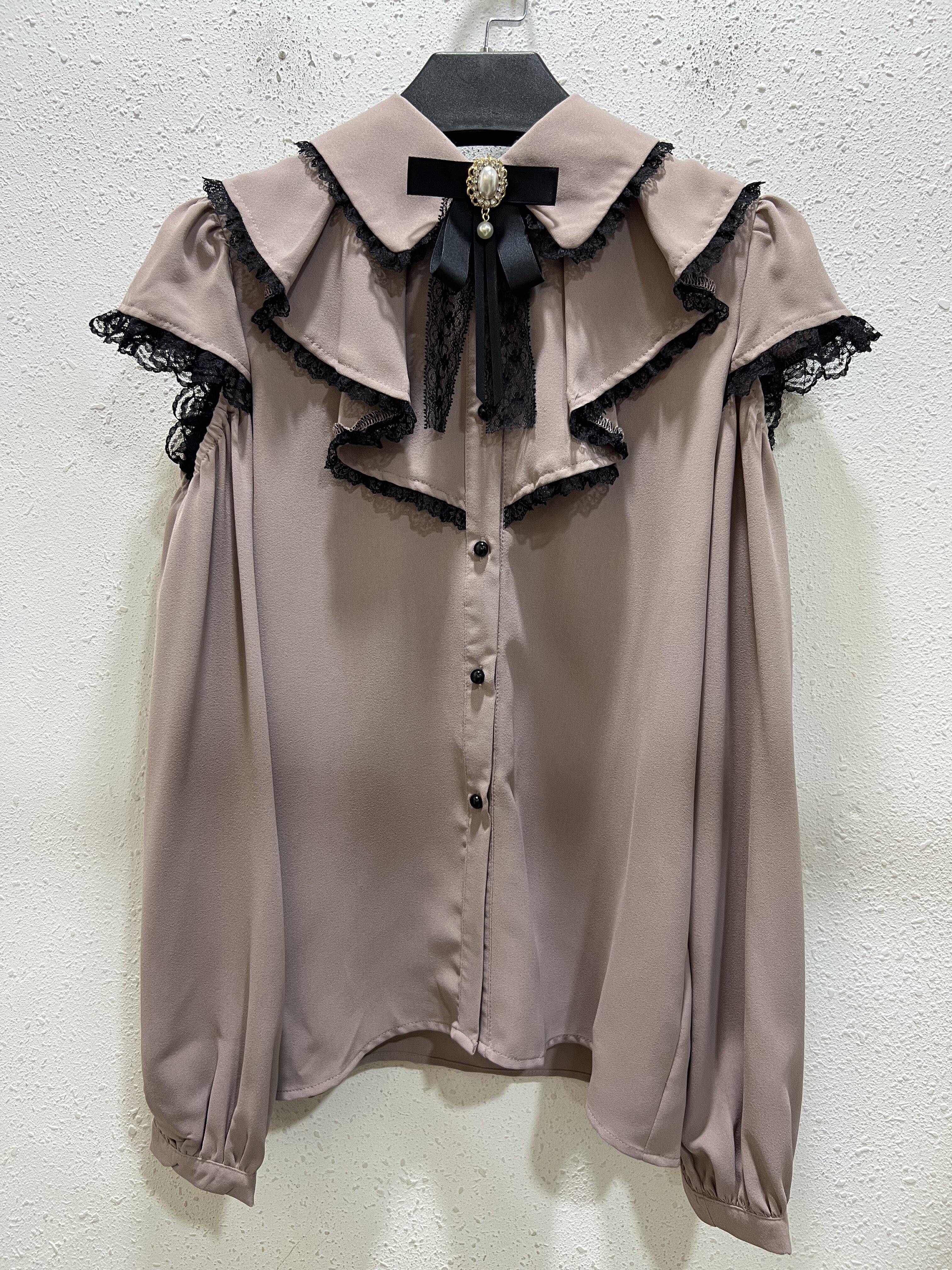 Áo Sơ Mi Ren Tay Lỡ Cổ Bẻ Rojita Pure Color Button Long Sleeve Regular Length Commute Style Dành Cho