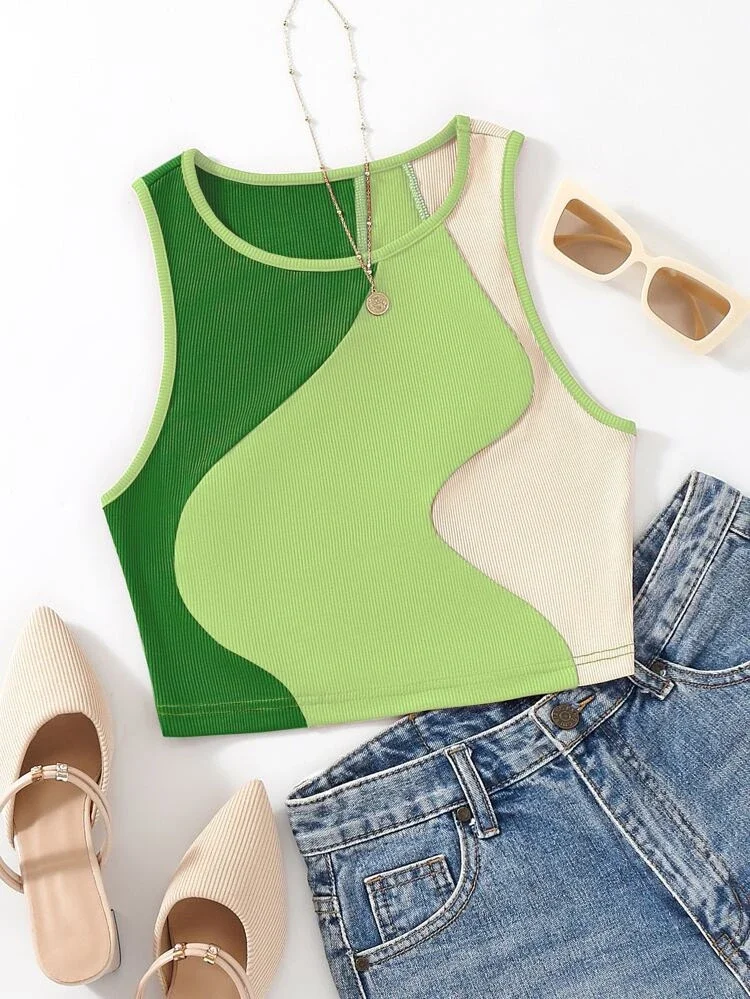 Áo croptop phối 3 màu xanh