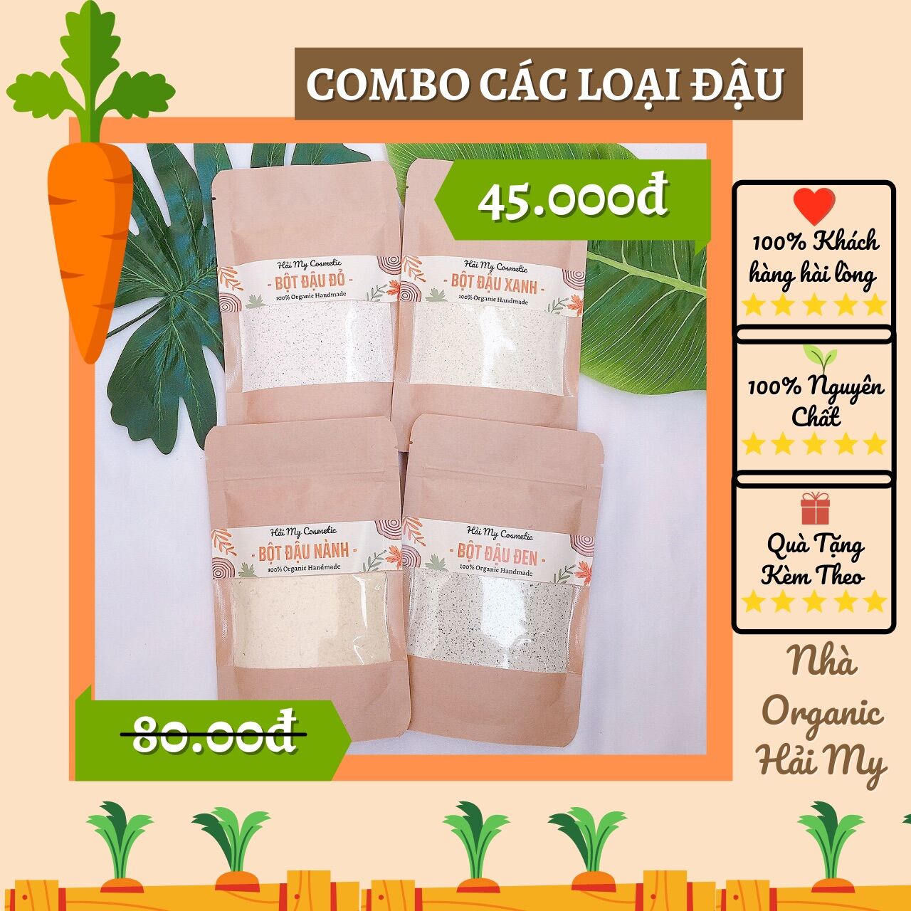 Combo 4 Túi Bột Đậu Đỏ & Đậu Xanh & Đậu Đen & Đậu Nành Nguyên Chất 100% - Bột Thiên Nhiên Handmade