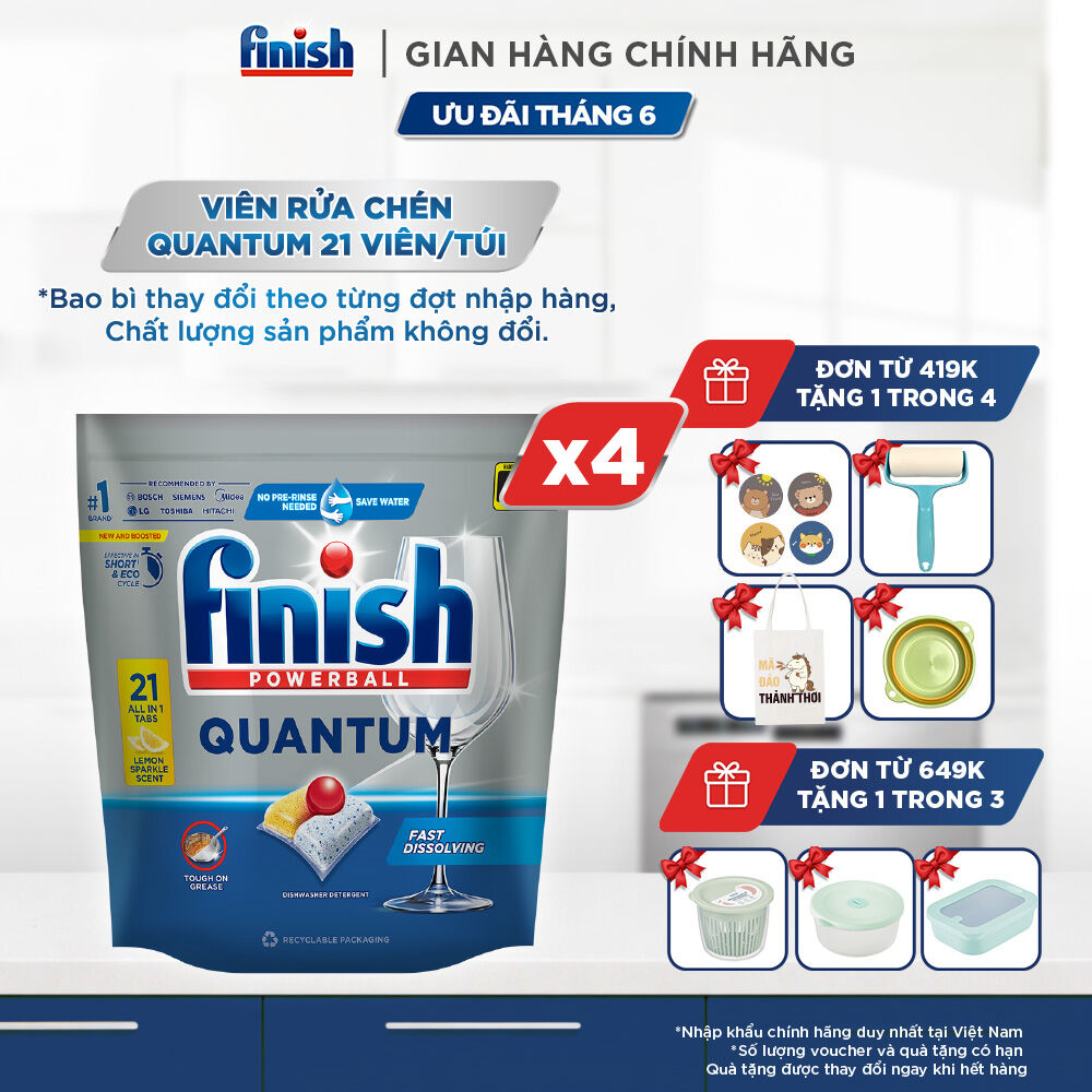 Combo 04 túi Viên Rửa Chén Bát Finish Powerball Quantum 21 viên