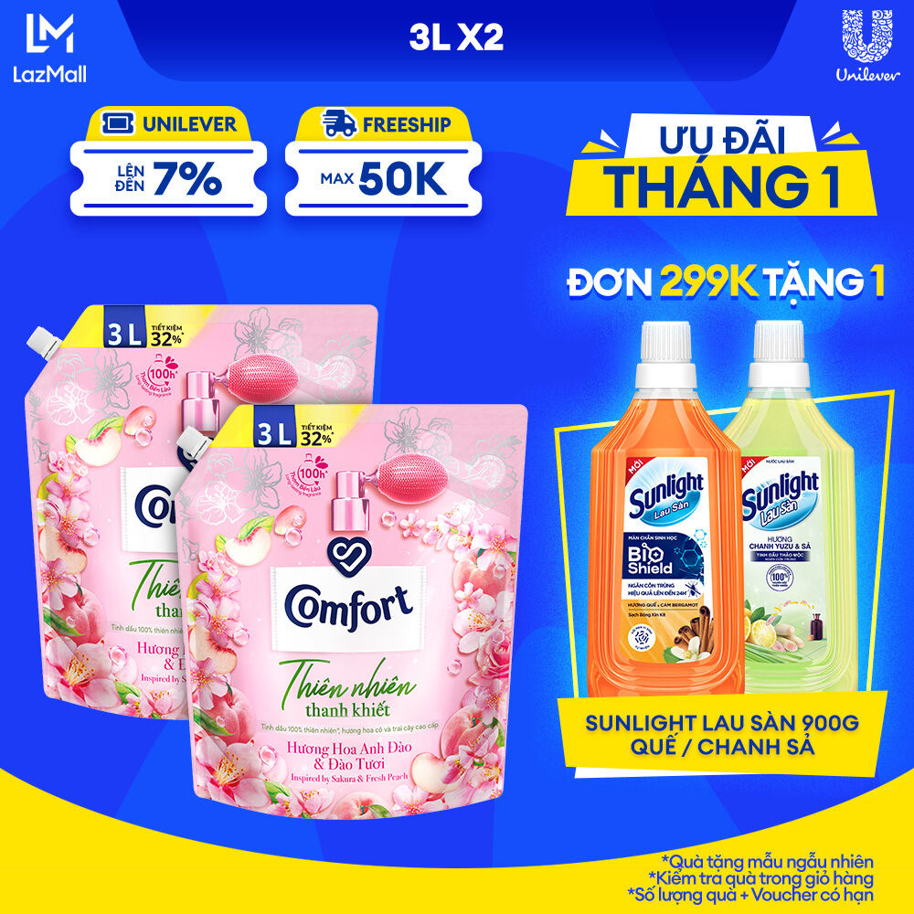 Combo 2 Túi Nước Xả Vải Comfort Thiên Nhiên Thanh Khiết Hương Hoa Anh Đào & Đào Tươi 3.0L