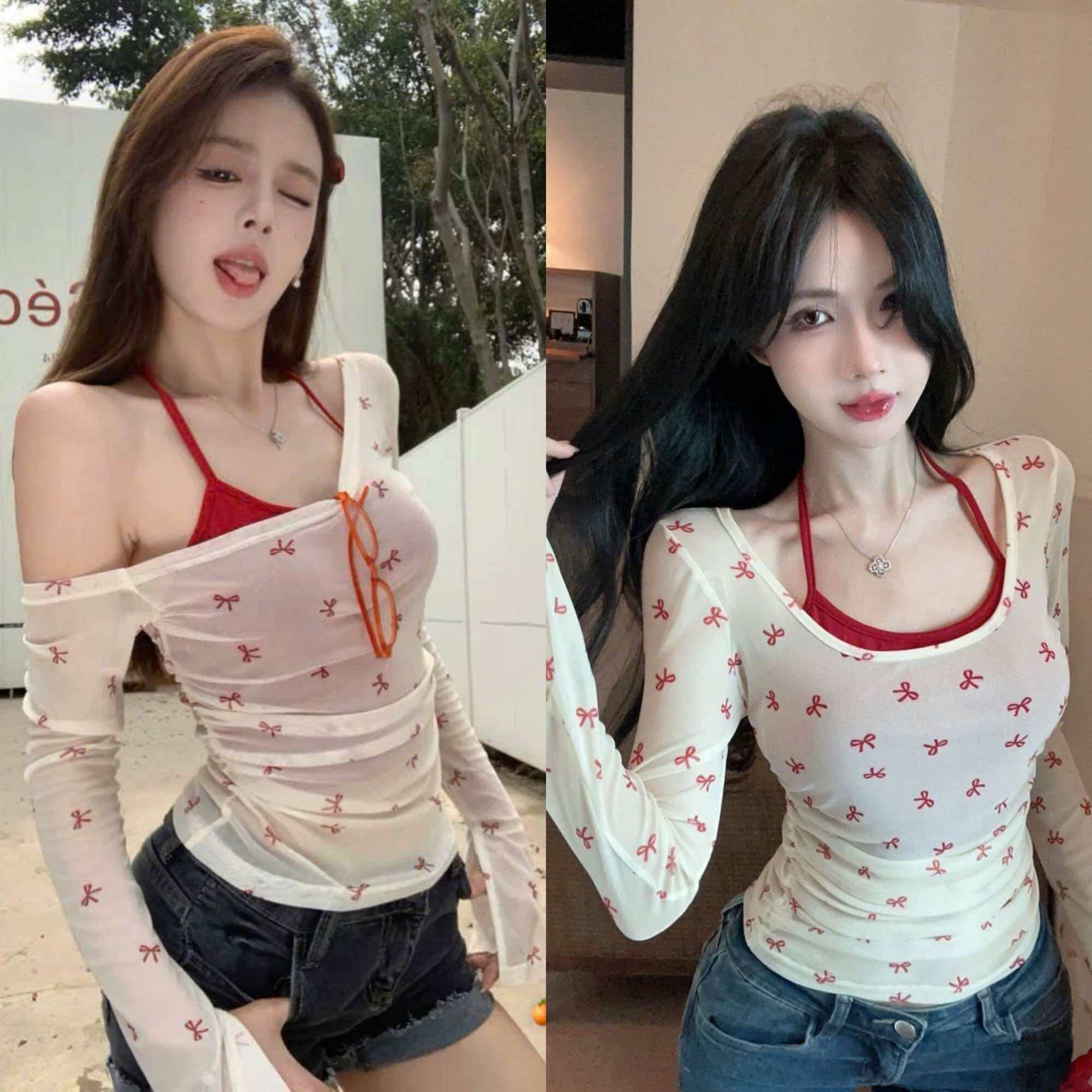 Áo thun lưới nơ lệch vai kèm áo yếm trong ❌❌❌HN9888, Set áo kiểu nữ 2 món áo lưới trễ vai lệch vai tay dài nơ kèm bra đỏ