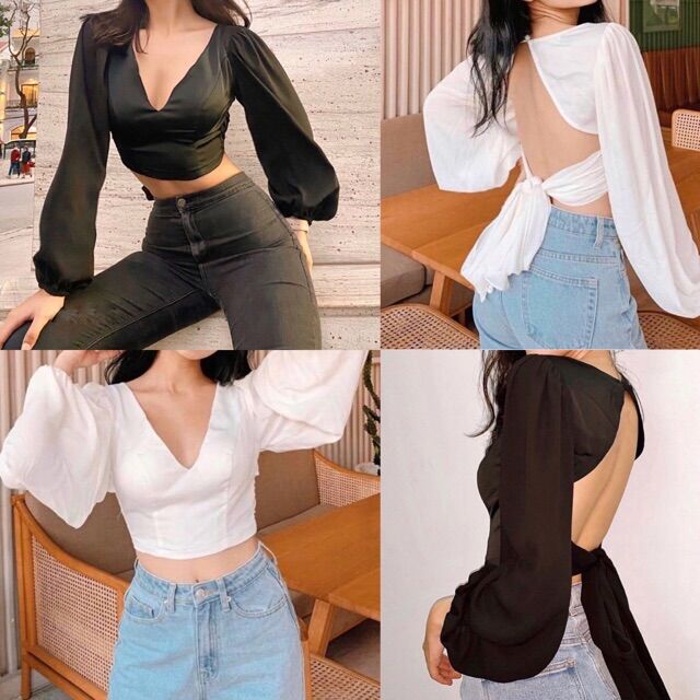 Áo croptop hở lưng tay bồng cột nơ